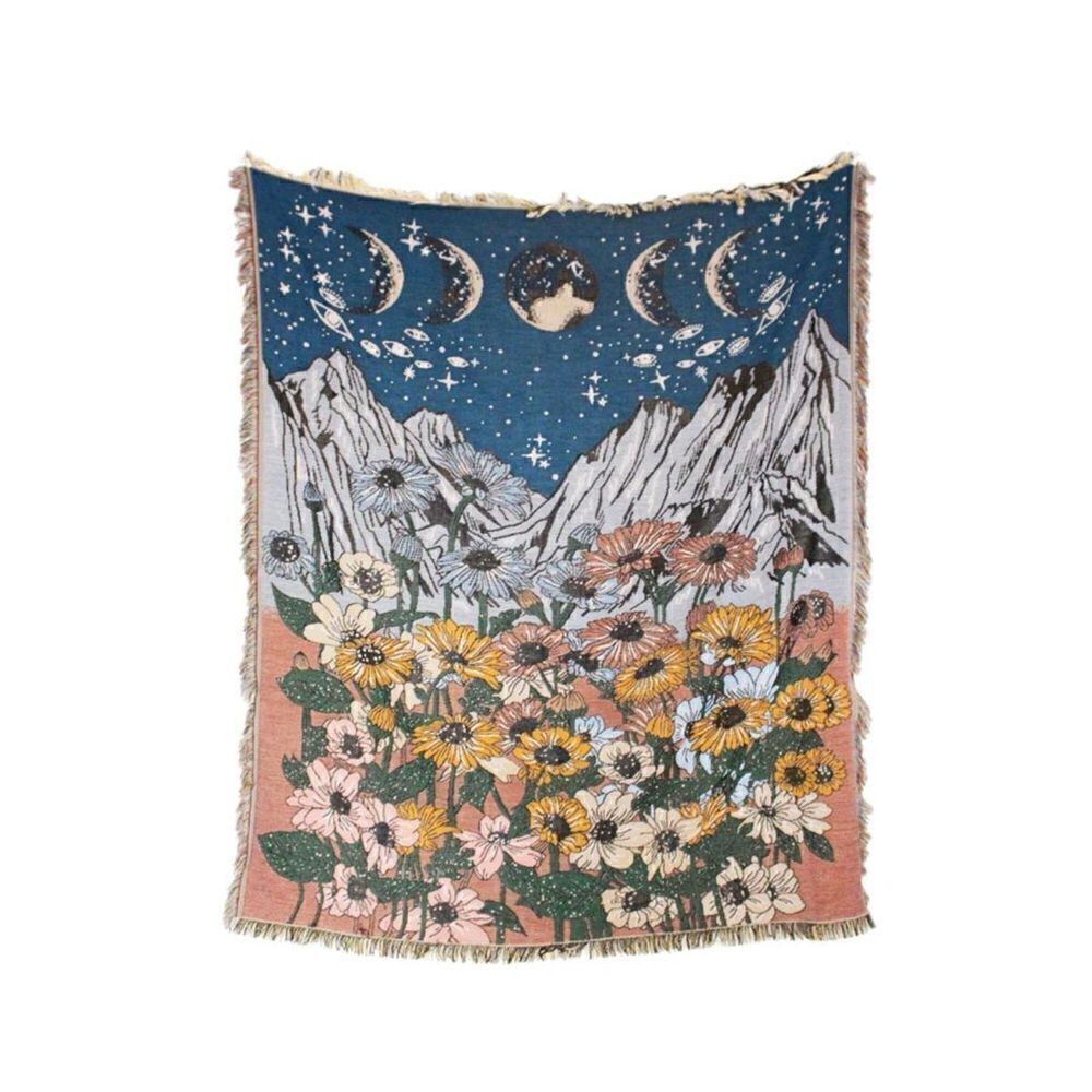 Phases of the Moon Mountain Night Sky Woven Jacquard Throw Blanket Tapestry
